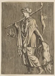 Woman returning from a hunt carrying a boar in her left hand and a stick on her right shoulder to which a hare and two ducks are tied