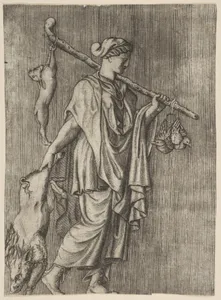 Woman returning from a hunt carrying a boar in her right hand and a stick on her left shoulder to which a hare and two ducks are tied