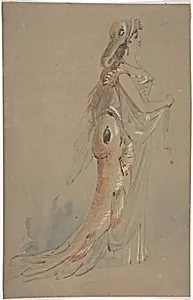 Woman Wearing a Costume Whose Bustle and Headdress are the Shape of Fishes by Anonymous, British, 19th century