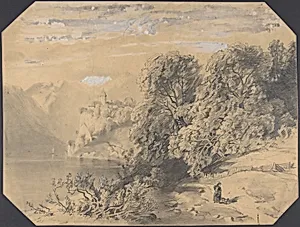 Woman with a dog by a mountain lake