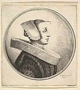 Woman with circular ruff, bonnet and hair-pin, in profile to right by Wenceslaus Hollar