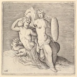 Woman with Shield Seated on Seamonster, from "Ex Antiquis Cameorum et Gemmae Delineata/ Liber Secundus/et ab Enea Vico Parmen Incis"