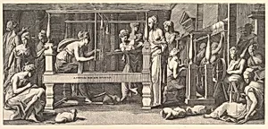 Women spinning, weaving and sewing