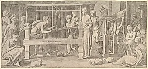 Women spinning, weaving and sewing