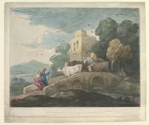 Wooded Landscape with Herdsmen Driving Cattle over a Bridge, Rustic Lovers and Ruined Castle