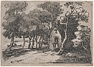 Wooded Scene With Figures at the Door of a Cottage