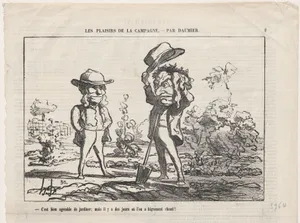 Working in the garden can be fun... but there are days when it is just too damn hot! / One rejoices in pure, unspoiled happiness when harvesting one's own apples... at least as long as one doesn't break one's neck, from 'The joys of country life,' published in Le Charivari, September 14, 1865