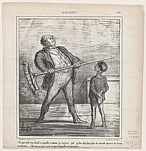 –You take your pin-gun in your hand like this.... you fire... puff... this kills ten times more people than the old system... –Ah, yes papa, this is what one calls progress, from 'News of the day,' published in Le Charivari, August 8, 1866 by Destouches|Arnaud de Vresse|Honoré Daumier