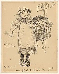 Young Girl Carrying a Basket "With All Good Wishes"