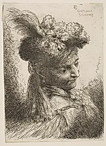 Young man facing three quaters right wearing a fur headdress with a plume, jewel and a headband, from "Small Heads in Oriental Headdress" by Giovanni Benedetto Castiglione (Il Grechetto)