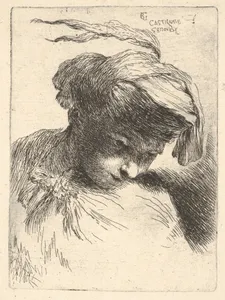 Young man looking down to right, from "'Small Heads in Oriental Headdress"