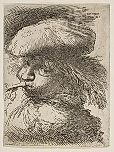 Young man with a trumpet facing left, from "Small Heads in Oriental Headdress" by Giovanni Benedetto Castiglione (Il Grechetto)