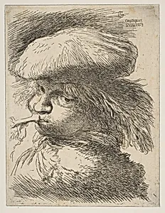 Young man with a trumpet facing left, from "Small Heads in Oriental Headdress" by Giovanni Benedetto Castiglione (Il Grechetto)