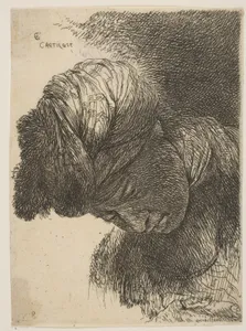 Young man with his head lowered, wearing a turban, facing left, from the series of 'Small Heads in Oriental Headdress' (19th century impression)