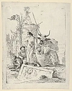 Young Shepherdess and old man with a Monkey, from the Scherzi by Giovanni Battista Tiepolo