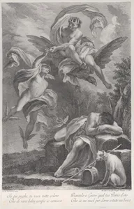 Zeus handing the golden apple to Hermes, above the sleeping figure of Paris