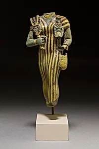 Bastet with Nefertum figure, sistrum, and basket