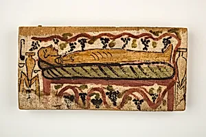 Coffin panel with painting of a bier