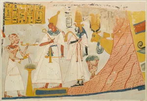Deceased censing and libating to the deified Mentuhotep and Ahmose-Nefertari, with the Hathor cow emerging from the mountain; Tomb of Ameneminet