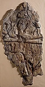 Fragment of Stela depicting a figure labeled 'excellent spirit of Re' facing Ramesses I and Ahmose-Nefertari beneath the barque of Re