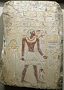 Funerary Stela of the Royal Sealer Indi and His Wife, the Priestess of Hathor Mutmuti of Thinis
