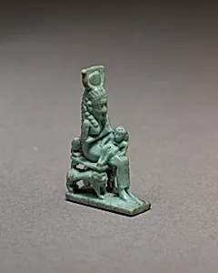 Isis nursing Horus on throne supported by striding lions