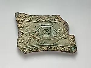 Model tambourine with rosette border, Bastet on one side, her boat with naos on the other