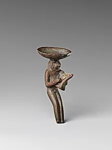 Monkey playing the lyre and carrying a dish on its head