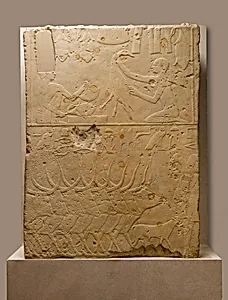 Relief block depicting plucking and roasting fowl and herds crossing water