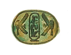 Scarab Inscribed Lord of the Two Lands Maatkare (Hatshepsut) Flanked by Two Falcons