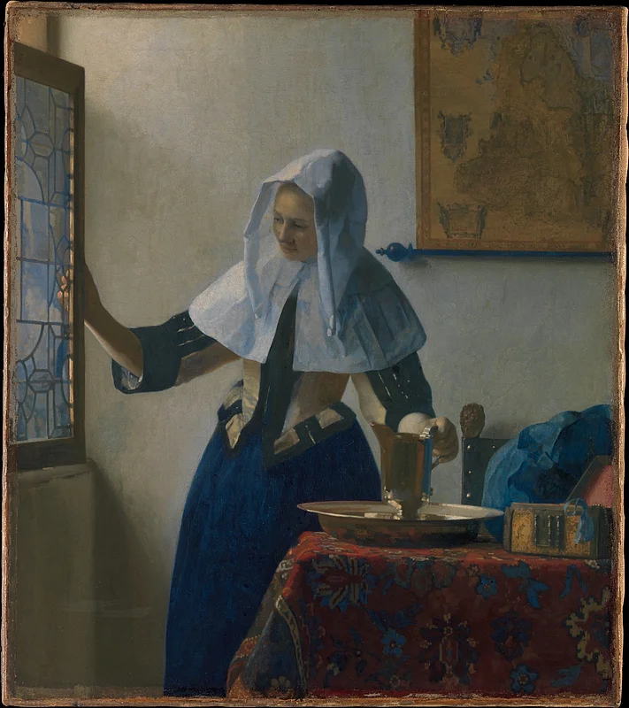 Young Woman with a Water Pitcher (c. 1662) by Johannes Vermeer Dutch Golden Age painting — Young Woman with a Water Pitcher (c. 1662) by Johannes Vermeer