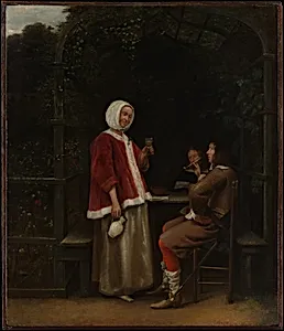 A Woman and Two Men in an Arbor