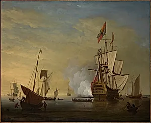 Harbor Scene: An English Ship with Sails Loosened Firing a Gun by Peter Monamy