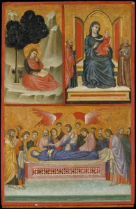 Saint John on Patmos, Madonna and Child Enthroned, and Death of the Virgin; The Crucifixion
