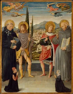 Saints Nicholas of Tolentino, Roch, Sebastian, and Bernardino of Siena, with Kneeling Donors