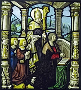 A donor and his sons protected by his patron, a bishop by Unknown Artist