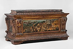 Cassone with painted front panel depicting the Conquest of Trebizond by Apollonio di Giovanni di Tomaso|Marco del Buono Giamberti