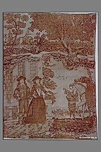 Copper plate printed cotton with King Charles I and Queen Henrietta Maria