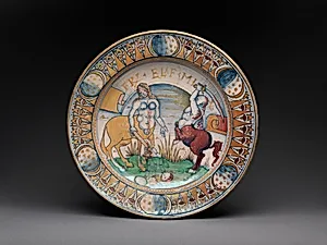 Dish with centaur and centauress battling