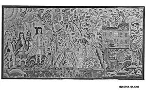 Embroidered picture with a family in a garden setting