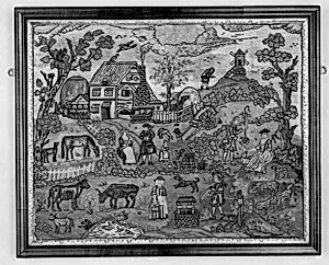 Embroidered picture with farmyard scene