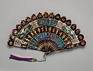 Folding Cabriolet Fan with Multiple Scenes of Performers, Landscapes, and Figures in Courtyard Gardens