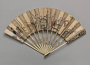 Folding Fan with Representations of Musical Instruments, Musicians and a Fisherman in a Landscape