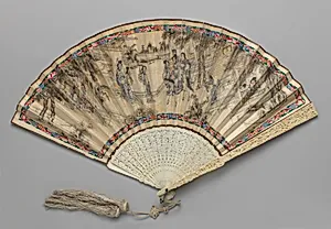 Folding Fan with Scene of Figures in a Courtyard Garden