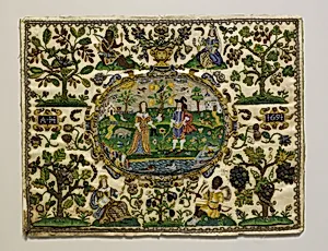 Lady and cavalier surrounded by the four continents