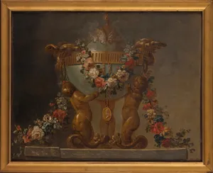 Perfume-burner supported by baby tritons and garlanded with flowers