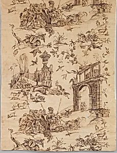Piece with Roman chariot and ruins (Furnishing fabric) by Bromley Hall Printworks