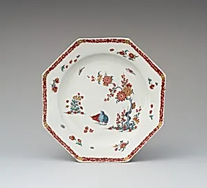 Plate with quail and peonies by Bow Porcelain Factory