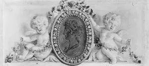 Profile portrait of a woman in a medallion supported by putti
