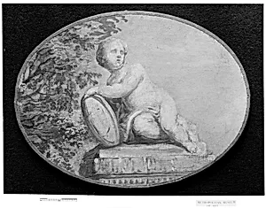 Putto on a pedestal against background of verdure